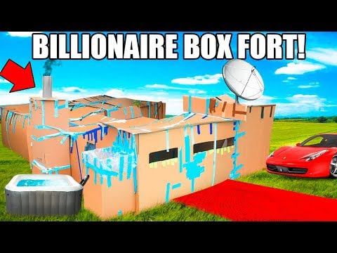 BILLIONAIRE BOX FORT MANSION!!📦💰 24 Hour Challenge: Movie Theatre, Hot Tub, Gaming Room & More! Video