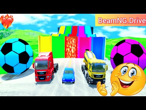 Cars vs Slide Color with Portal Trap - Flatbed Trailer Long Cars Transport of Color - BeamNG.Drive