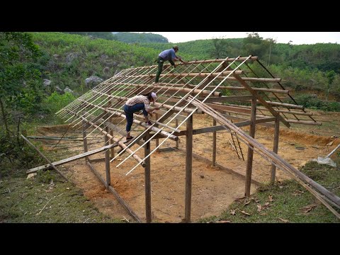 How to Building House with palm leaf roof? building farm in the forest - green forest life
