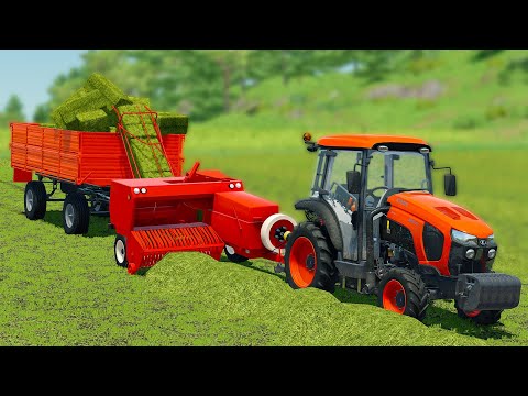 CUT, SPREAD GRASS AND MAKE BALES WITH KUBOTA MINI TRACTOR - Farming Simulator 22