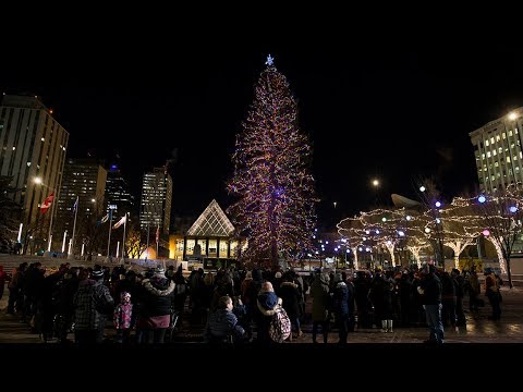 Giant downtown Christmas lit on Churchill Square