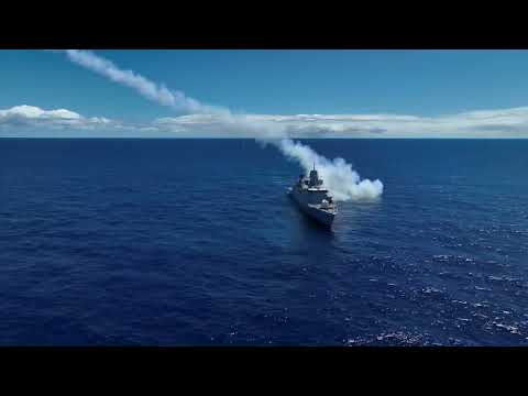 HNLMS Tromp fires Harpoon missile at USS Tarawa during SINKEX RIMPAC 2024