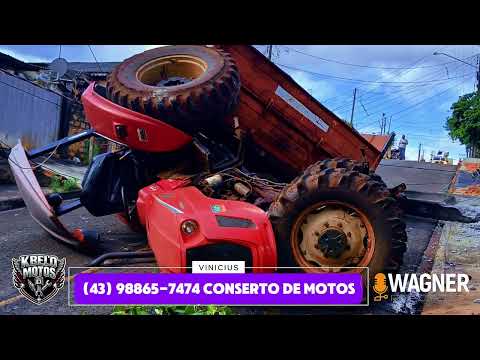 Trator da prefeitura de Nova América da Colina fica sem freios derruba postes e tomba