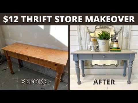 Trash To Treasure Thrifted Sofa Table Makeover Using All In One Paint To Create A Faux Stained Top