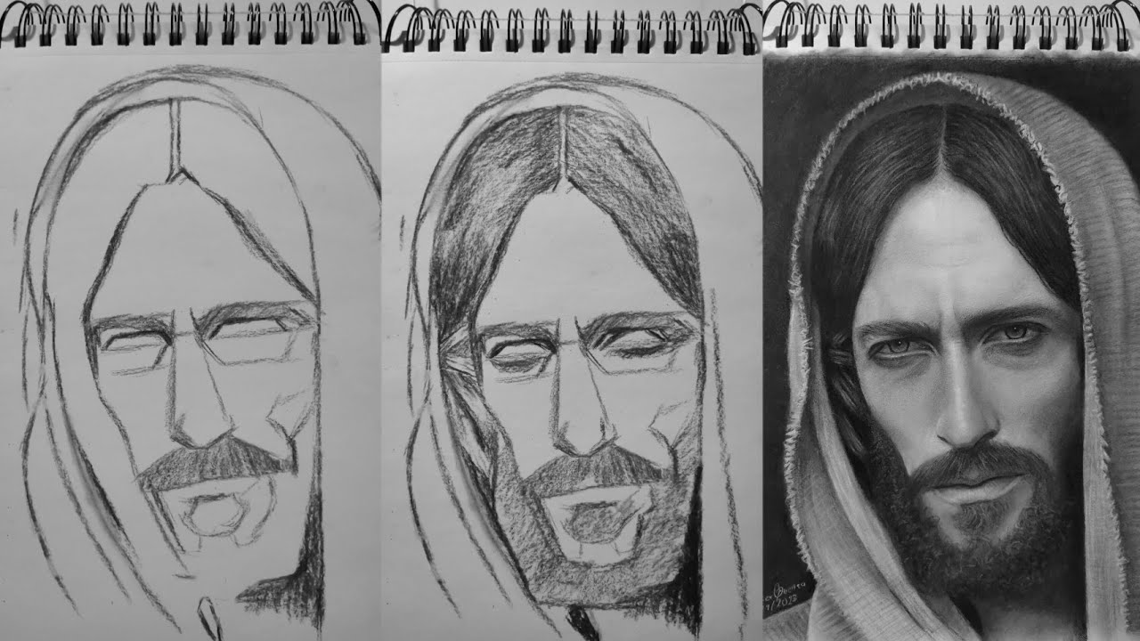 Dibujo realista de Jesús de Nazaret (Robert Powell) a carboncillo
