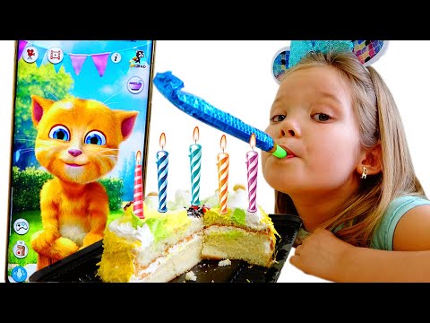 Lera and Lyova eat and play with a funny cat