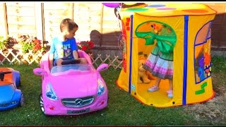 Kids Playing in the Garden / Pink Car and Playhouse