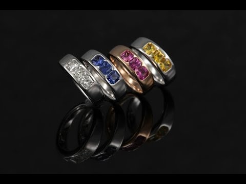 Asscher Cut Princess Diamond & Sapphire 3 Stone Band 18K Rose or White Gold 1 Carat TW