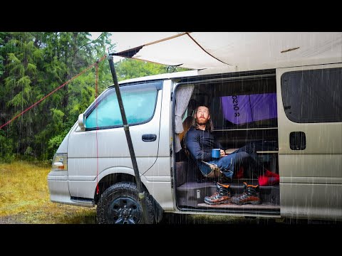 Van CAMPING In HEAVY RAIN - Sleeping In Compact van During Rainstorm