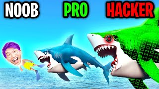 Can We Go NOOB vs. PRO vs. HACKER In HUNGRY SHARK WORLD!? (UNLOCKING ALL SHARKS!?)