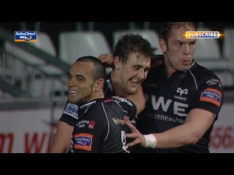 Ashley Beck scythes through from scissors for a try - Ospreys v Dragons 22nd March 2013