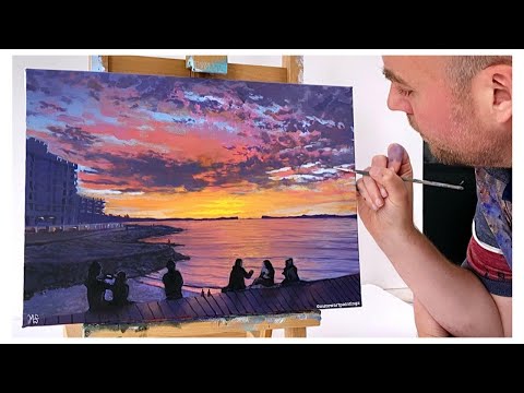 How to paint a sunset beach - Sunset painting acrylic tutorial - Sunset beach painting acrylic
