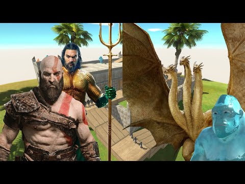 KRATOS + BATMAN + AQUAMAN + X3 PRIMATES VS ALIENS TEAM + X3 INFERNALS   ANIMAL REVOLT BATTLE SIMULAT