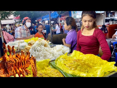 Amazing Cambodian Street Food - Delicious Yellow pancake, Noodles, Spring Rolls & More