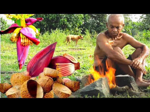 cooking banana flower amazing method [ on coconut cha coal fire ]   - primitive cooking style