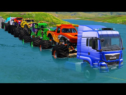 Quad Flatbed Long Trailer Monster Trucks Transport Car Rescue - Cars vs Deep Water - BeamNG.drive02