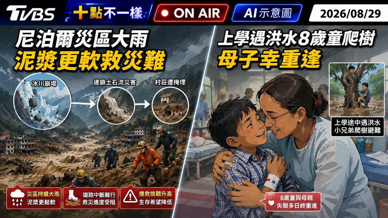 【0829 十點不一樣LIVE】尼泊爾災區大雨 泥漿更軟救災難 上學遇洪水8歲童爬樹 母子幸重逢
