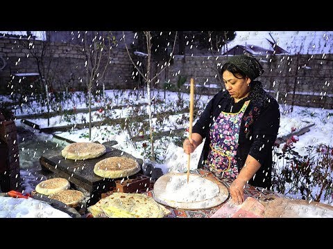 Cooking Under the Snow Bread and Kutab with Herbs in the Village   Bushcraft Survival