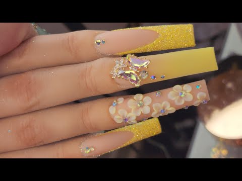 How to :3d flowers|Hand painted Yellow Glitter French | Butterfly