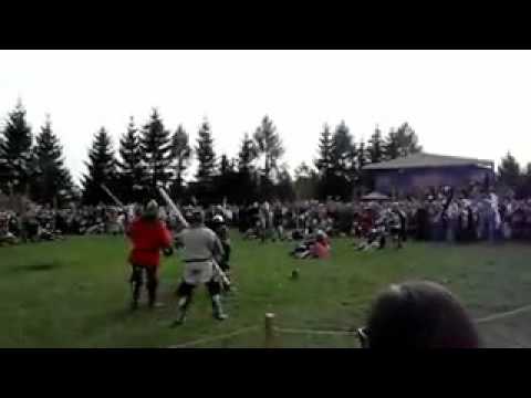 The knight gets knocked out by a big axe.