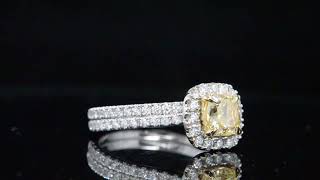 Natural Cushion Cut Fancy Yellow Halo Pave Diamond Engagement Bridal Set - GIA Certified