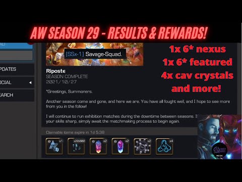 AW Season 29 Results & Rewards! 6* nexus & featured, cavs + more! Preview of upcoming content!