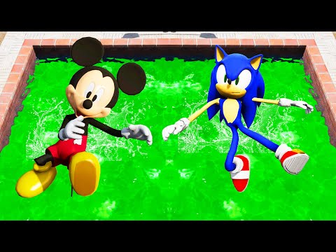 GTA 5 Mickey Mouse & Sonic Jumping Into Toxic Pool (Ragdolls/Euphoria Physics) #6