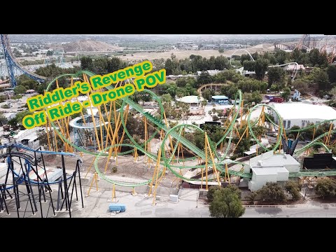 Off-ride footage of a Riddler's Revenge train