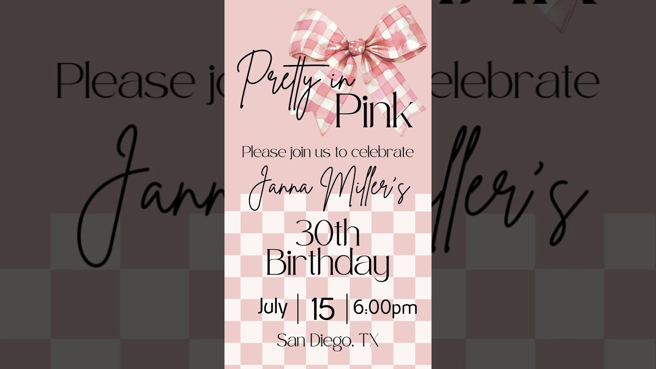 Digital Pink Coquette Birthday Party Video Invitation - Editable Pink Coquette Birthday Evite