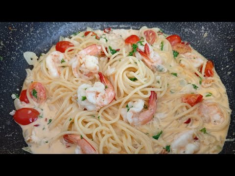 奶油意大利面 大虾鲜甜+奶香浓郁 味蕾直接爆击 Creamy Garlic Prawn Pasta Recipe