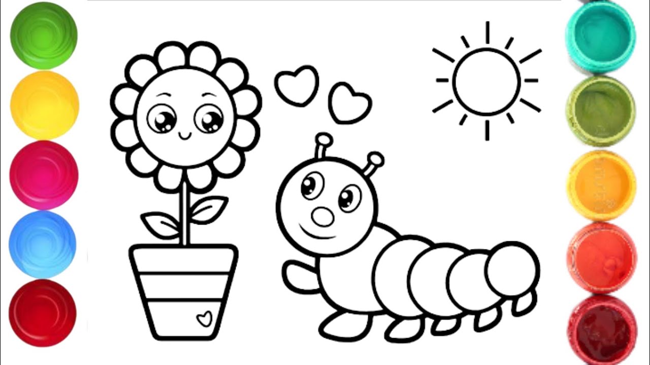 Flower pot and Worm Drawing,🌼🐛Painting, Coloring for Kids and Toddlers