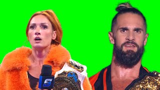 Becky Lynch and Seth Rollins shocked green screen