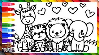 Desenhar e Colorir Animais Selvagens Fofos 🦁🐘🦒🐯🌈 Desenhos Para Crianças