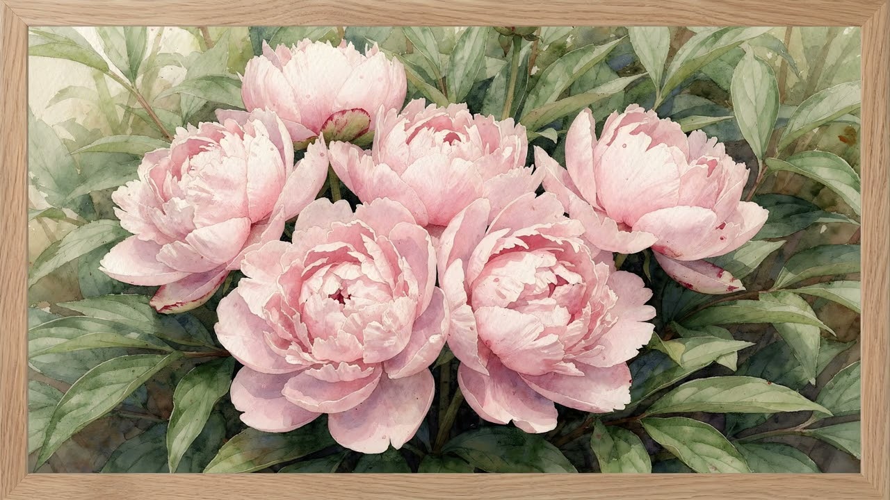Pink Peonies Watercolor 2 Hours 🌸 4K Frame TV Art in Wood Frame | Calm Cozy Ambience — 4K ambient art screensaver in baroque gold frame