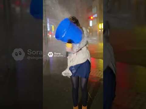 ミニスカ女子アナの中継中に台風でバケツが顔面直撃