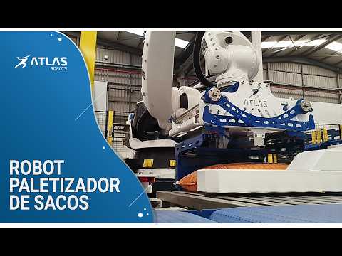Vídeo de un robot paletizador de sacos de Atlas Robots apilando sacos en planta