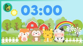3 Minute Countdown Timer - Cute Animals 🦊🐵🐯🐮 with Happy Fun Music - for Kids (4K UHD)