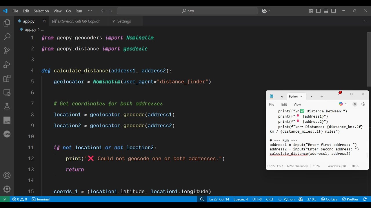 Python 3 Geocoding Script to Calculate Distance Between Two Locations Using Geopy in Terminal