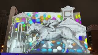 北海道札幌雪祭，大通會場雪雕賽馬主題光雕秀。