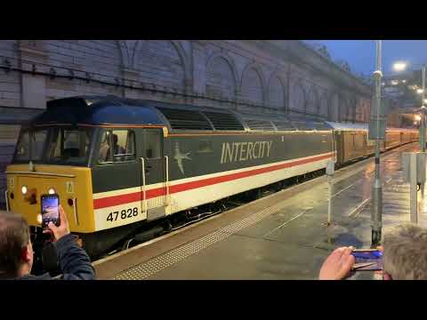 47828 departs Edinburgh. 47614 / 853 on the rear. LSL charter for Hull via Carlisle