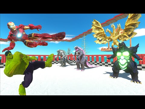 Hulk vs Iron Man Death Run and Fight Godzilla Team + Ghidorah - Animal Revolt Battle Simulator