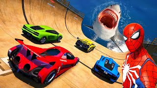 GTA V Superheroes Crazy Race Challenge with Super Cars | GTA 5 Spiderman Car Stunt Race
