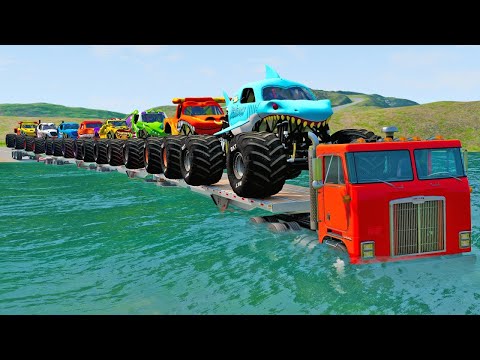 Quad Flatbed Long Trailer Monster Trucks Transport Car Rescue - Cars vs Deep Water - BeamNG.drive