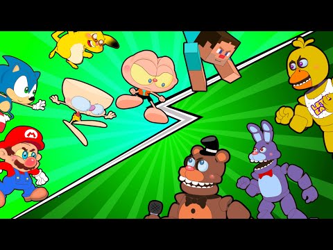 Mongo e Drongo e Pikachu com Mario, Sonic, e Steve VERSUS FNAF