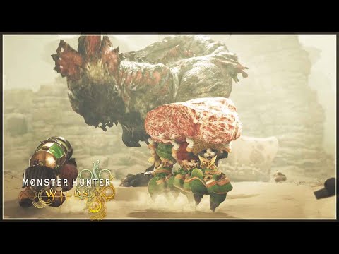 Palico Cats Steal Meat from Quematrice Cutscene Monster Hunter Wilds