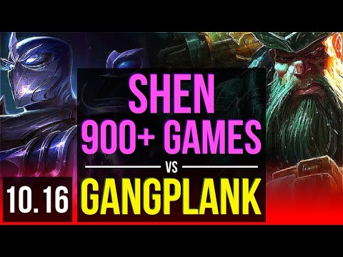 SHEN vs GANGPLANK (TOP) | 900+ games, KDA 12/2/16, Triple Kill, Godlike | KR Master | v10.16