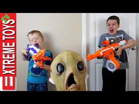 Alien Invasion! Creepy Alien Creature Nerf Battle! Extra Terrestrial Attacks Ethan and Cole!