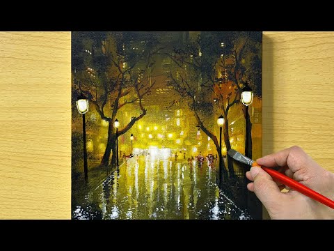 Rainy Night Street Painting / Acrylic Painting / STEP by STEP #324