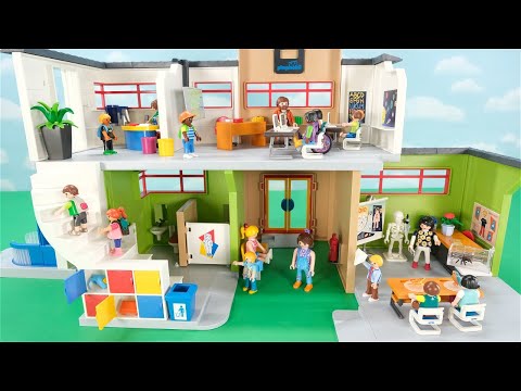 Building and Playing with Playmobil Furnished School Building, School Bus and Extra Figures
