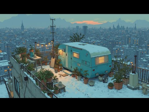 Retro Japan City Rooftop 🌨️ Lofi Beats for Study, Focus & Peaceful Winter Chill Vibes